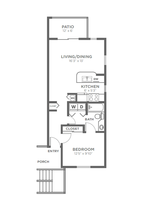 Floor plan for 1 bed, 1 bath, 622 sqft